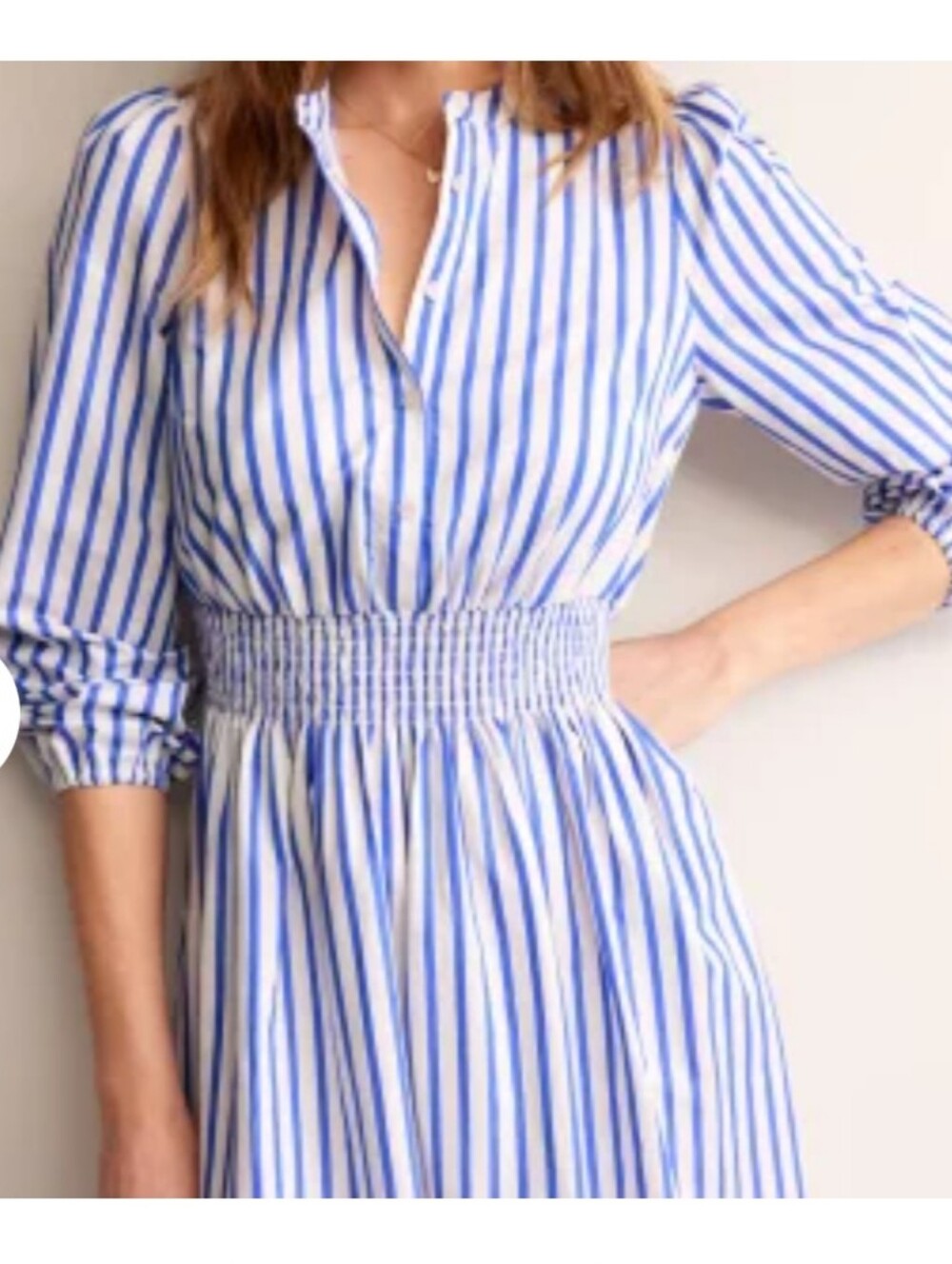 Boden Women's Blue White Striped Cotton Smocked Waist Button Front Shirt Dress 4 - Picture 2 of 13
